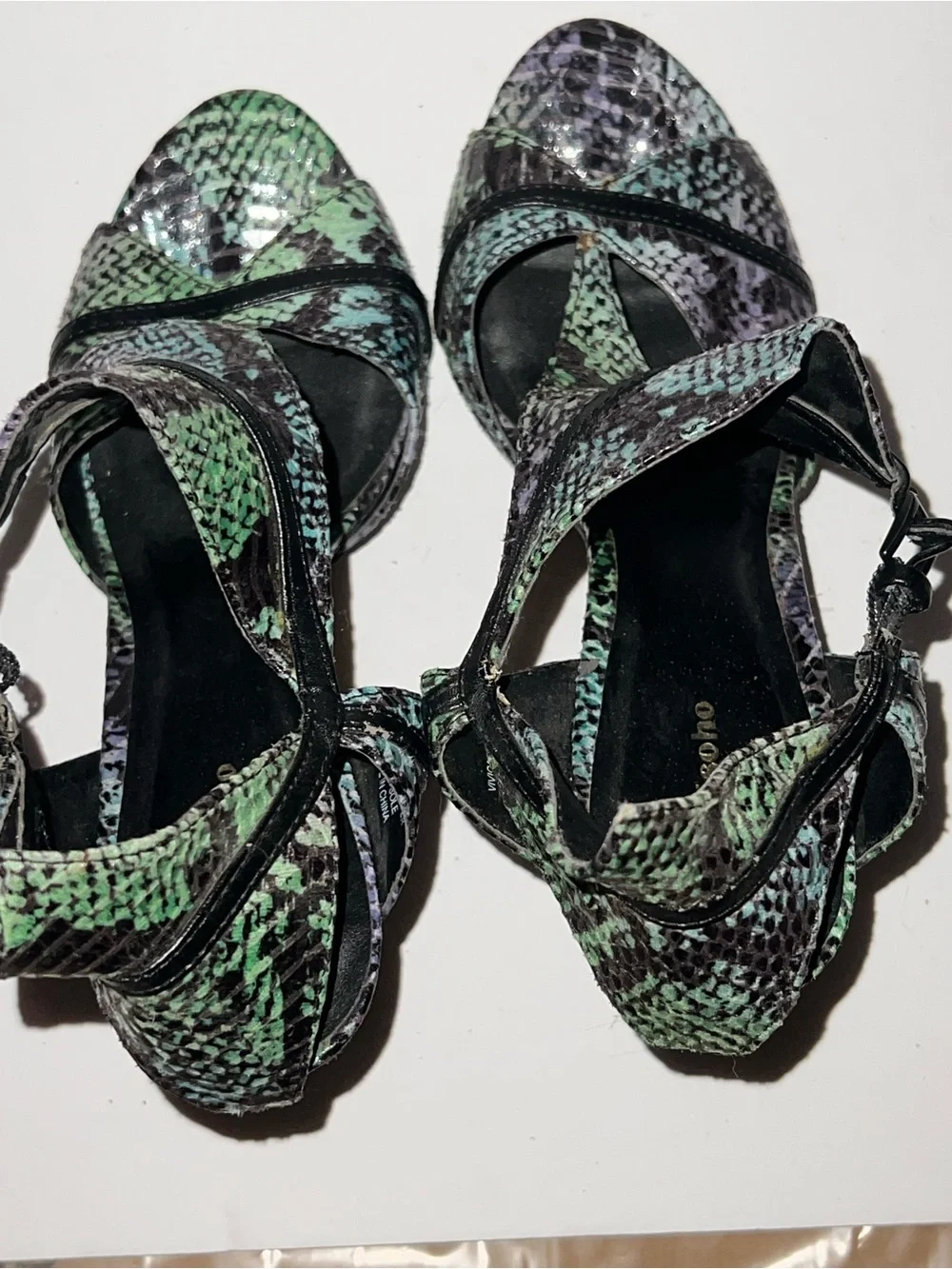 Zigi Soho Green and Black Snake-Print High Heel Sandals